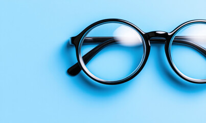 Fototapeta premium Stylish black frame glasses with clear lenses on a vibrant blue background showcasing modern eyewear trends and contemporary fashion aesthetics