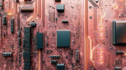 Detailed view of a complex circuit board layout with electronic components