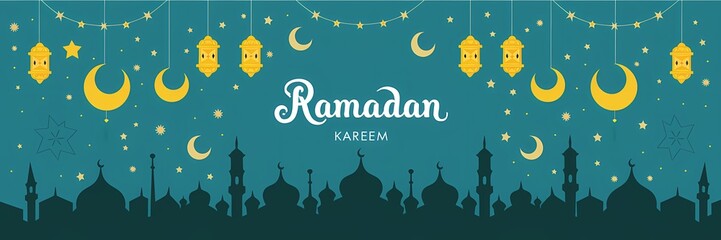 Festive vibrant Ramadan design featuring glowing lanterns crescent moons sparkling stars mosque silhouettes on rich teal background with elegant white Ramadan Kareem typography celebrating holy month