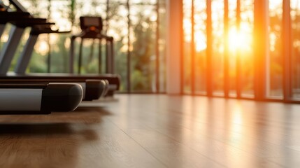 This image captures a serene gym scene with sunlight streaming through large windows, highlighting empty treadmills on a polished wooden floor in the early morning.
