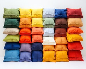Fototapeta premium Colorful pillows stacked against a bright white backdrop
