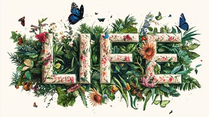Lush green leaves and colorful flowers are forming the word life, celebrating the beauty of nature and the joy of being alive