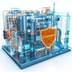 OT security infrastructure monitoring. Industrial cybersecurity. Network protection. Industrial control network with shield icon and labeling for security purposes.