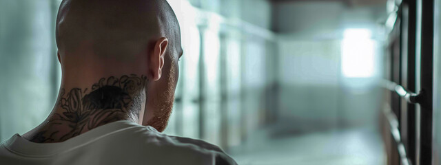 powerful rear view of a convict showcasing a detailed neck tattoo, highlighting the stark realities of prison life.