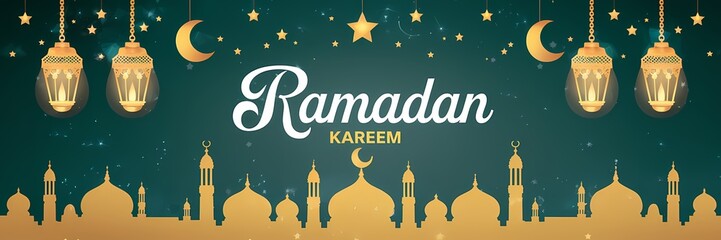 Festive vibrant Ramadan design featuring glowing lanterns crescent moons sparkling stars mosque silhouettes on rich teal background with elegant white Ramadan Kareem typography celebrating holy month