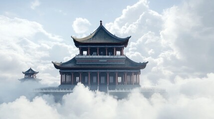 Fototapeta premium Majestic ancient Chinese temple floating amidst clouds