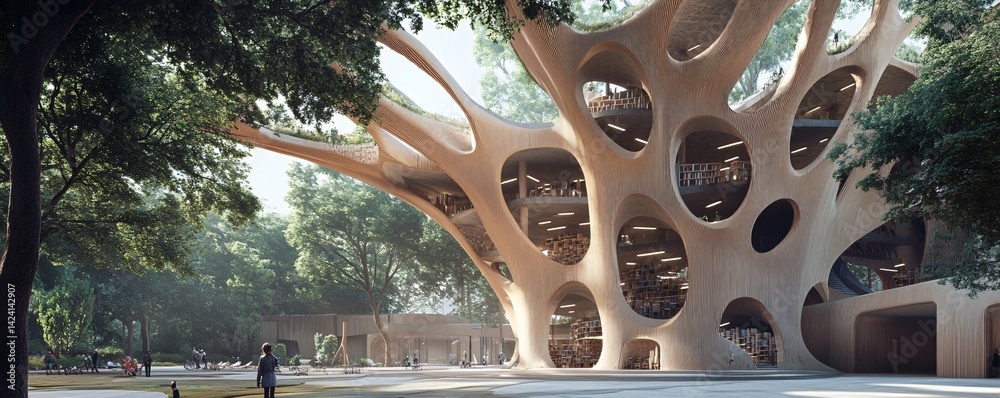 Poster futuristic tree-inspired library building with people strolling around it on a bright day