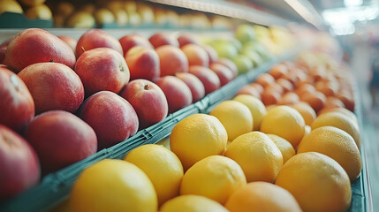 Vibrant display of red apples and yellow oranges in a grocery store aisle, shoppers in background