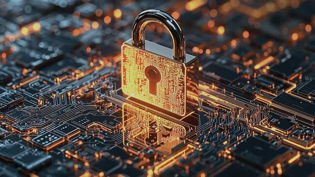 Cybersecurity Lock: A gleaming gold padlock rests on a circuit board, symbolizing digital security and data protection. The warm glow emanating from the circuit board adds a layer of visual interest.