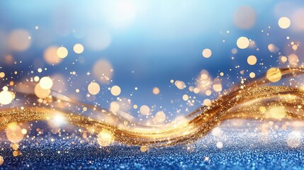Gentle golden sparkles drifting over rich blue texture, elegant bokeh-style background