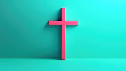 Obraz premium Bold Pink Cross on Turquoise Background for Modern Religious Art