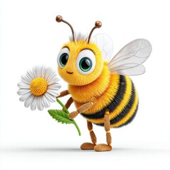 Adorable Fluffy Cartoon Bee Holding a White Daisy on White Background