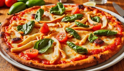Delicious Pizza With Pasta Basil And Cherry Tomatoes On A Wooden Table