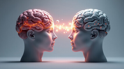Obraz premium Human Brain and AI Circuit Brain Facing Each Other, Connected by Language Data Stream