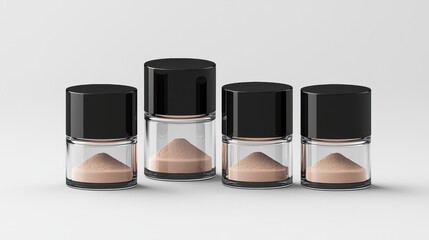 Four small glass containers filled with a light brown powder, arranged in a row with black caps.
