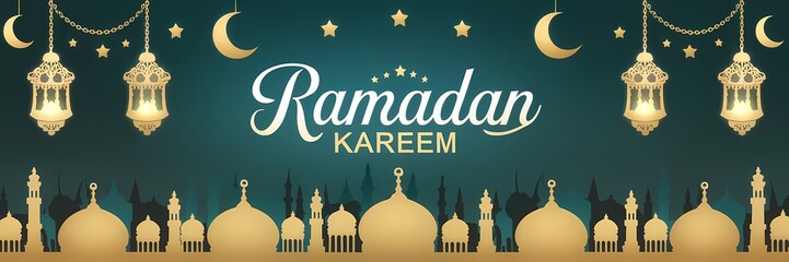 Festive vibrant Ramadan design featuring glowing lanterns crescent moons sparkling stars mosque silhouettes on rich teal background with elegant white Ramadan Kareem typography celebrating holy month