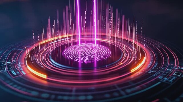 Cybersecurity Fingerprint:  A captivating image showcasing a glowing fingerprint surrounded by data streams and vibrant circular rings.