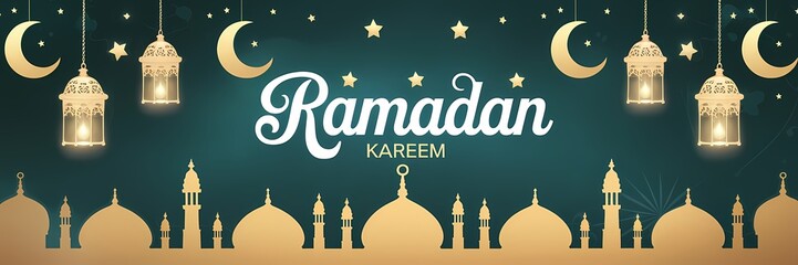 Festive vibrant Ramadan design featuring glowing lanterns crescent moons sparkling stars mosque silhouettes on rich teal background with elegant white Ramadan Kareem typography celebrating holy month