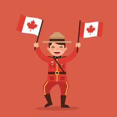 Canadian Mountie Holding Two Canada Flags Vector Illustration in Red Background 