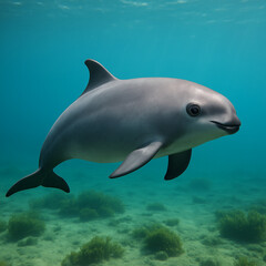 Vaquita in Shallow Sea Sanctuary. A critically endangered vaquita swims peacefully in crystal-clear waters above a grassy seabed.