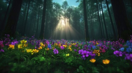 Obraz premium Vibrant wildflowers bloom in a dark forest as bright sunbeams break through the dense tree canopy, creating a magical atmosphere.