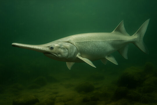 Paddlefish Underwater.
A paddlefish swims in murky green water, its long snout slicing through algae clouds.