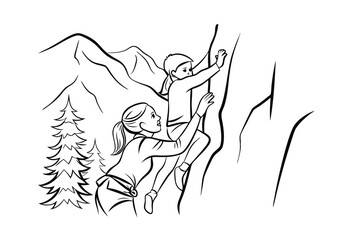 Fototapeta premium Mother and child rock climbing adventure in the mountains line art illustration