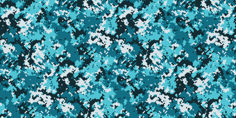 Obraz premium Abstract digital camouflage pattern in teal, aqua, and white. Perfect for fashion, textile design, or tech backgrounds. Modern, pixelated texture evokes a sense of concealment and mystery.