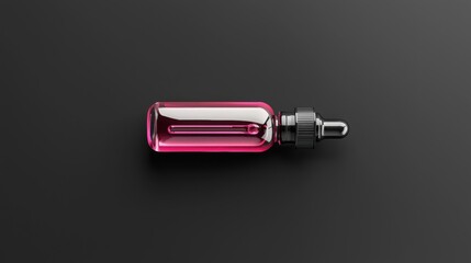 A pink dropper bottle with a black cap.