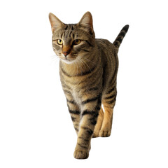 Obraz premium A sleek, confident cat walks forward, showcasing its distinctive striped fur and alert expression.