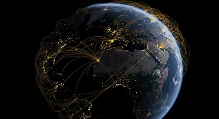 Night planet earth from space with light lines of communication and connection. Business and finance, concept.  Global communications system and the World Wide Web. Technologies and communications.