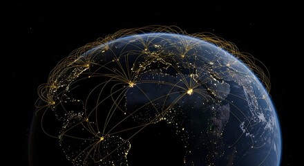Night planet earth from space with light lines of communication and connection. Business and finance, concept.  Global communications system and the World Wide Web. Technologies and communications.
