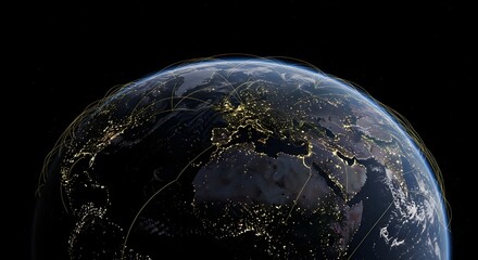 Night planet earth from space with light lines of communication and connection. Business and finance, concept.  Global communications system and the World Wide Web. Technologies and communications.