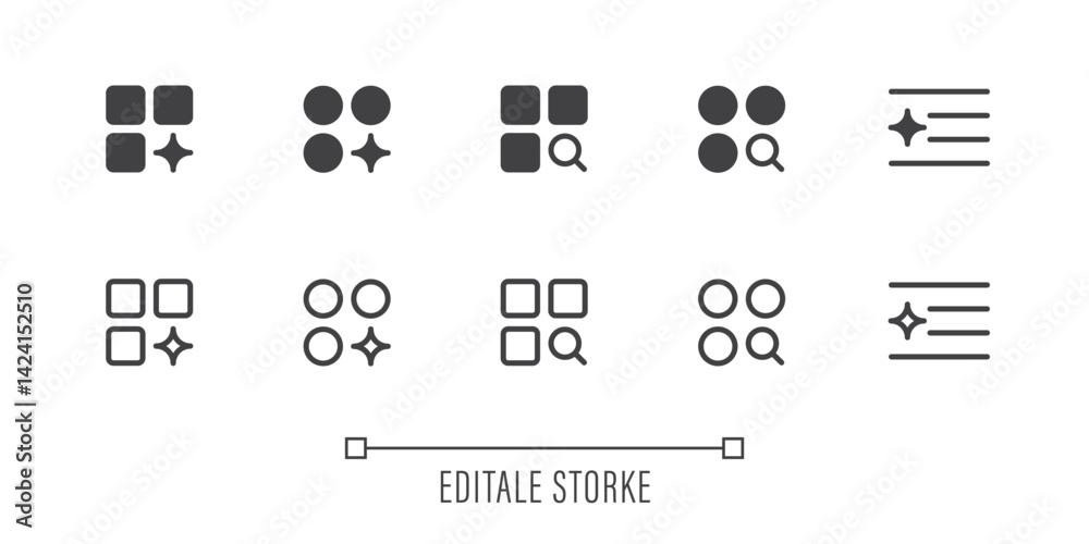 Poster Hamburger with AI icon set. Artificial intelligence sign. Line and silhouette icon. Icons for app user interface and web elements. Vector illustration. Editable stroke.