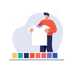 Man Holding Blank T-shirt with Color Palette for Fashion Design Illustration 