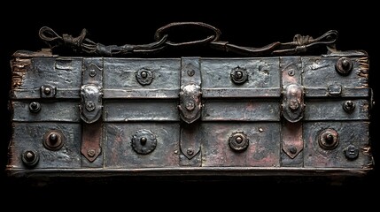 Antique wooden box, aged leather straps, metal accents