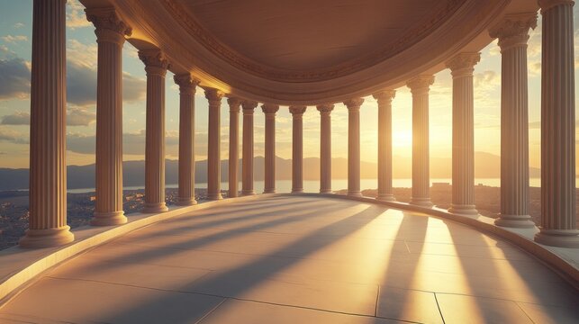 Majestic colonnaded balcony at sunset overlooking cityscape