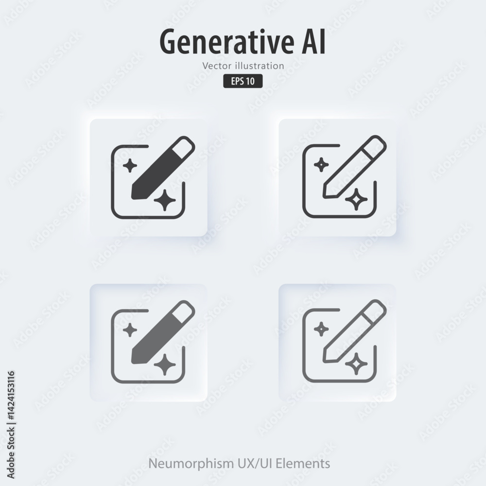 Poster Set of Modern writing and editing by AI button. Edit document from machine learning. Button in trendy neuromorphic style for Apps, websites, and interfaces. UI UX elements. Vector illustration.