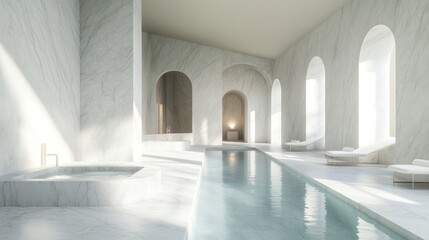 Luxurious, light-filled spa with marble accents.  Tranquil indoor pool area bathed in natural light
