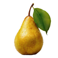 A ripe, yellow pear with a green leaf, showcasing its smooth texture and natural shine.