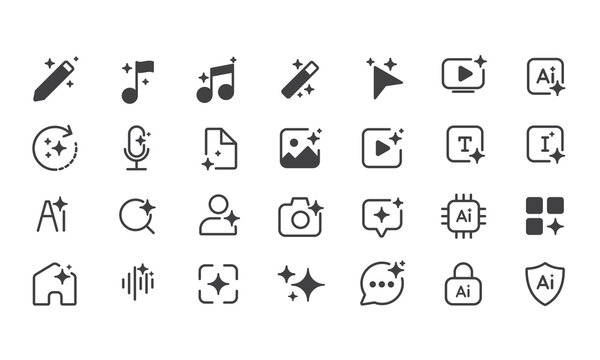 Set of Generate AI user interface. Artificial intelligence sign. AI enters by command prompt to generate ideas. AI tool and sparkle. Icon element for Applications and websites. Vector illustration.