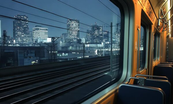 The view from inside an empty train carriage at night, looking out through windows to buildings and city lights