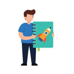 Boy holding green notebook with rocket illustration in flat style vector graphic 