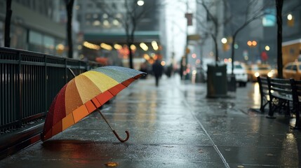 Umbrella in the rain urban street realistic photograph colorful scene ground level vibrant atmosphere