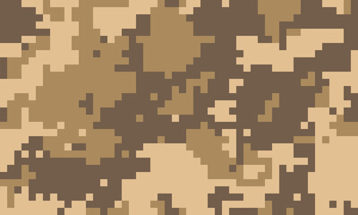 Abstract digital camouflage pattern in earthy tones.  Ideal for backgrounds, textures, or militarythemed designs.  The pixelated style creates a modern, versatile aesthetic.