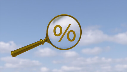 Gold magnifying glass examining percentage sign against blue sky with clouds. Concept of interest rate, financial growth, investment, or special discount.