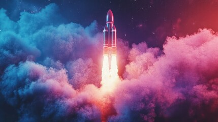 Powerful rocket launch into vibrant cosmic clouds.