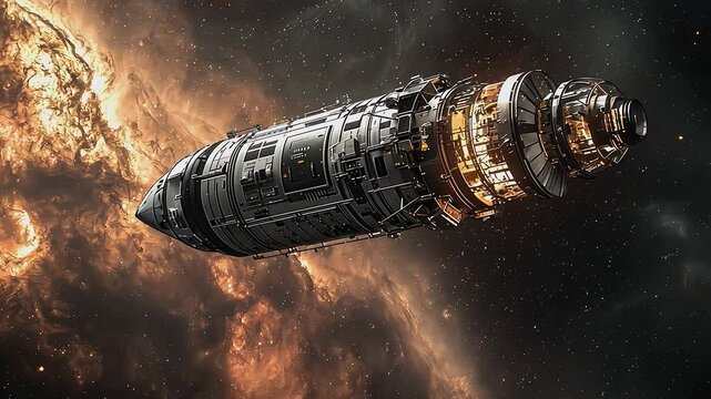 Spaceship in Cosmic Voyage: The spacecraft boldly journeys through the vast expanse, traversing the cosmos amid celestial wonders in this photorealistic image, filled with elements of science fiction.