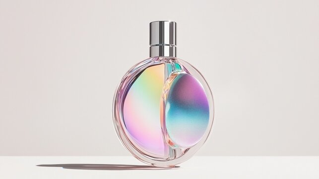 A perfume bottle with a silver cap and a rainbow-colored liquid inside.