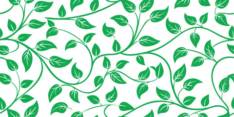 seamless green botanical pattern featuring stylized leaves and vines creating a vibrant natural background